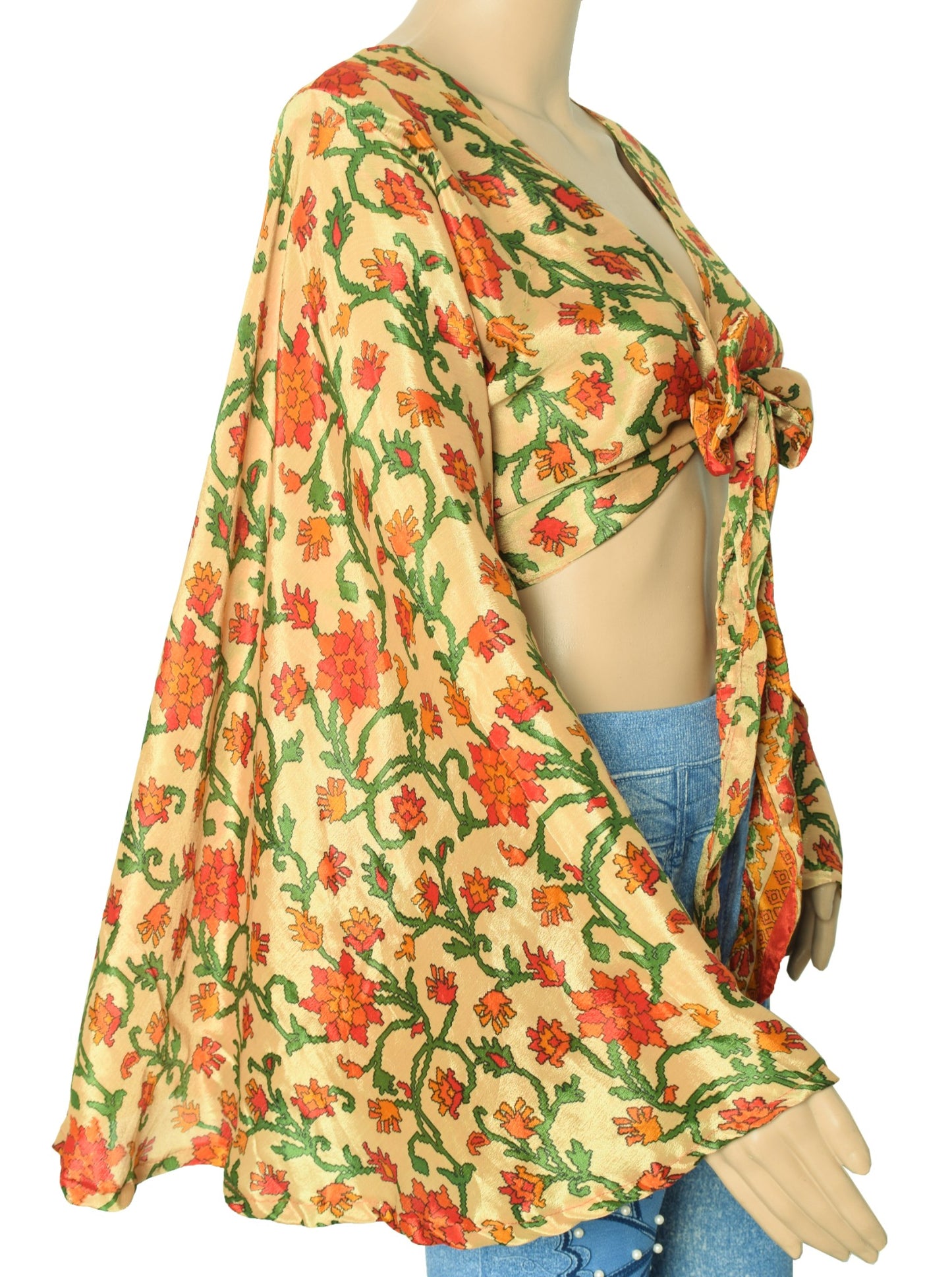 Sushila Vintage Bell Sleeve Boho Printed NEW Recycled Silk Saree Top 70,s Retro