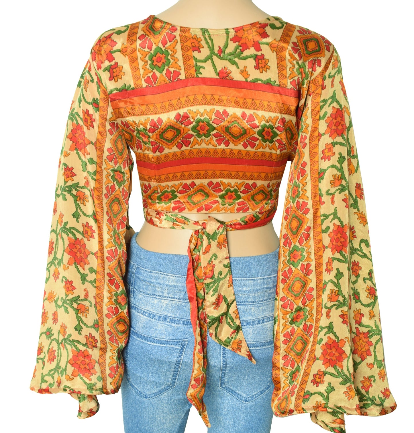 Sushila Vintage Bell Sleeve Boho Printed NEW Recycled Silk Saree Top 70,s Retro