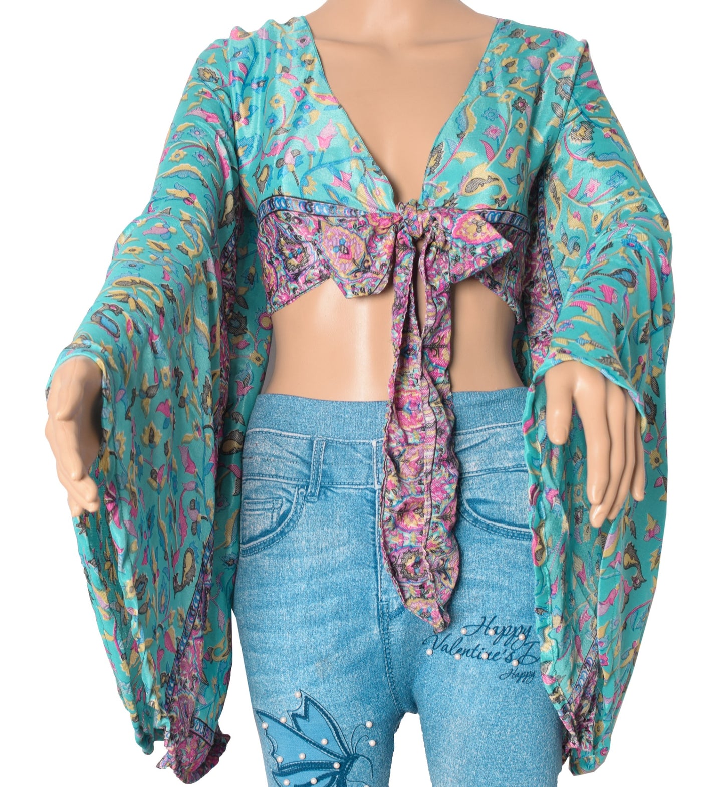 Sushila Vintage Bell Sleeve Bohemian NEW Recycled Silk Saree Top 70,s Retro Aqua
