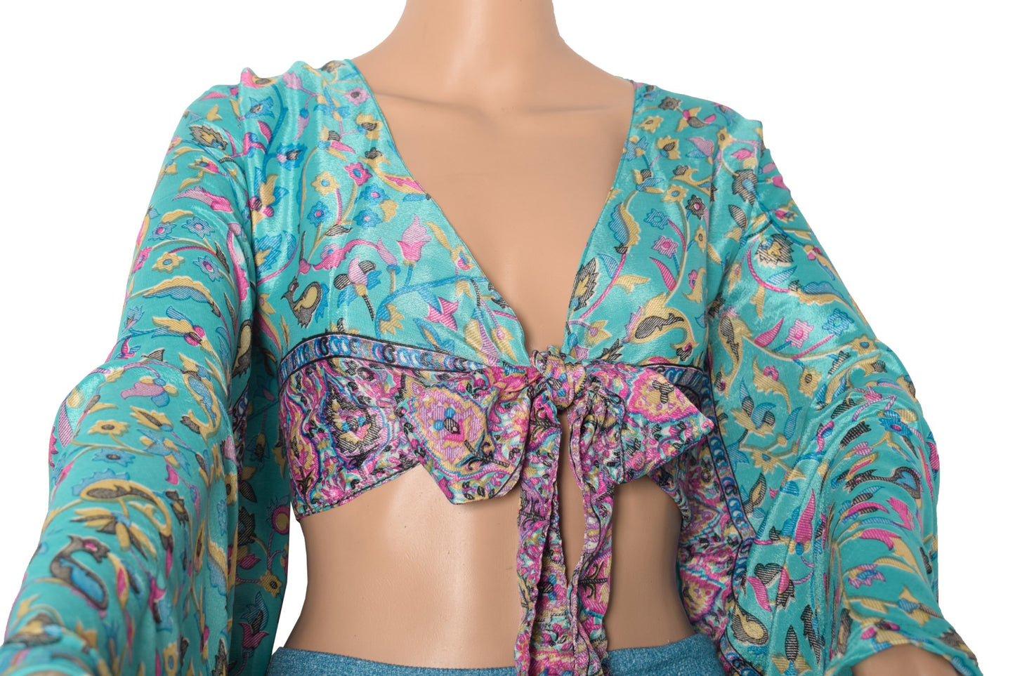Sushila Vintage Bell Sleeve Bohemian NEW Recycled Silk Saree Top 70,s Retro Aqua