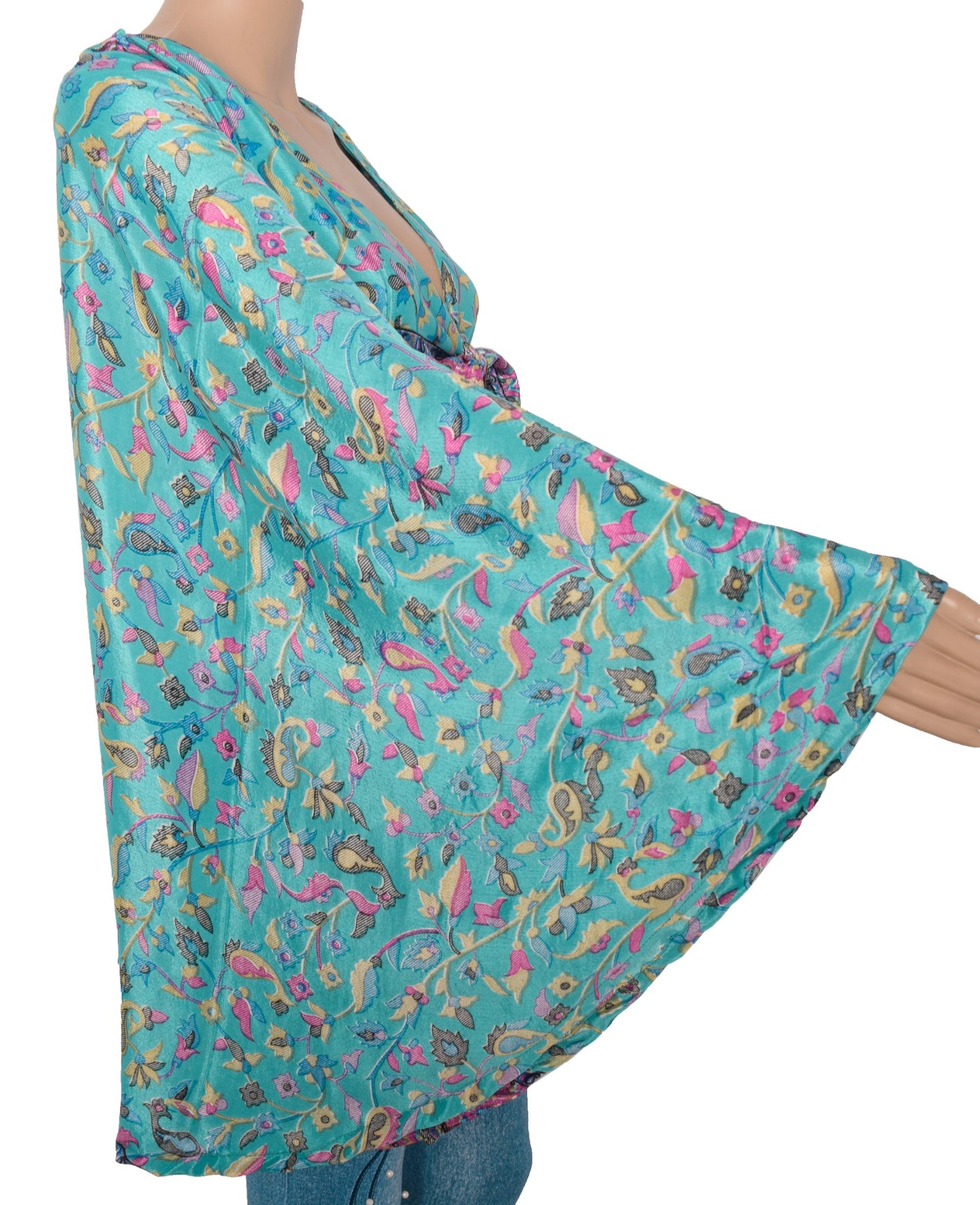 Sushila Vintage Bell Sleeve Bohemian NEW Recycled Silk Saree Top 70,s Retro Aqua