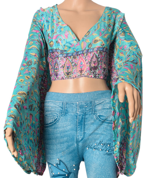 Sushila Vintage Bell Sleeve Bohemian NEW Recycled Silk Saree Top 70,s Retro Aqua