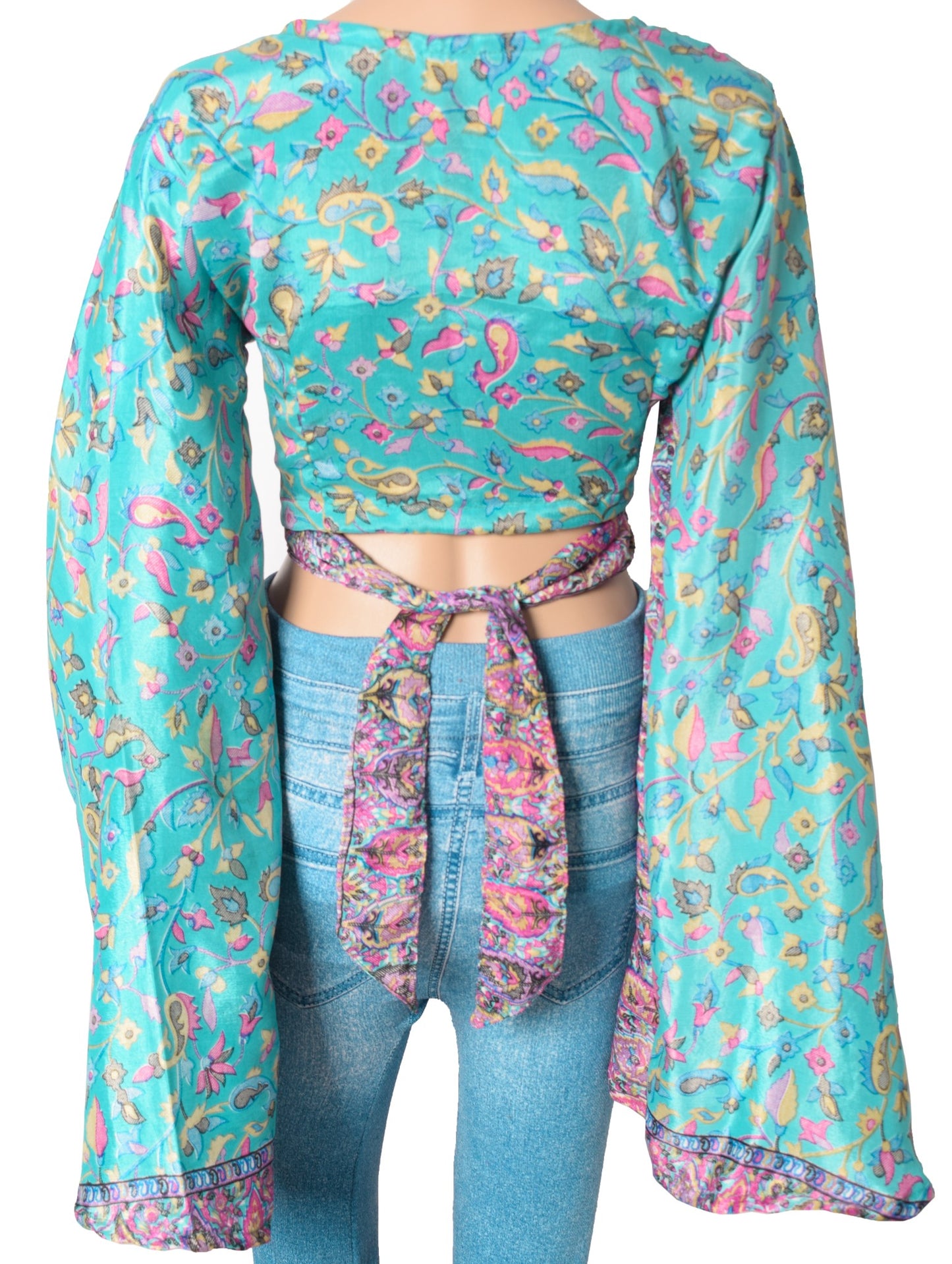 Sushila Vintage Bell Sleeve Bohemian NEW Recycled Silk Saree Top 70,s Retro Aqua