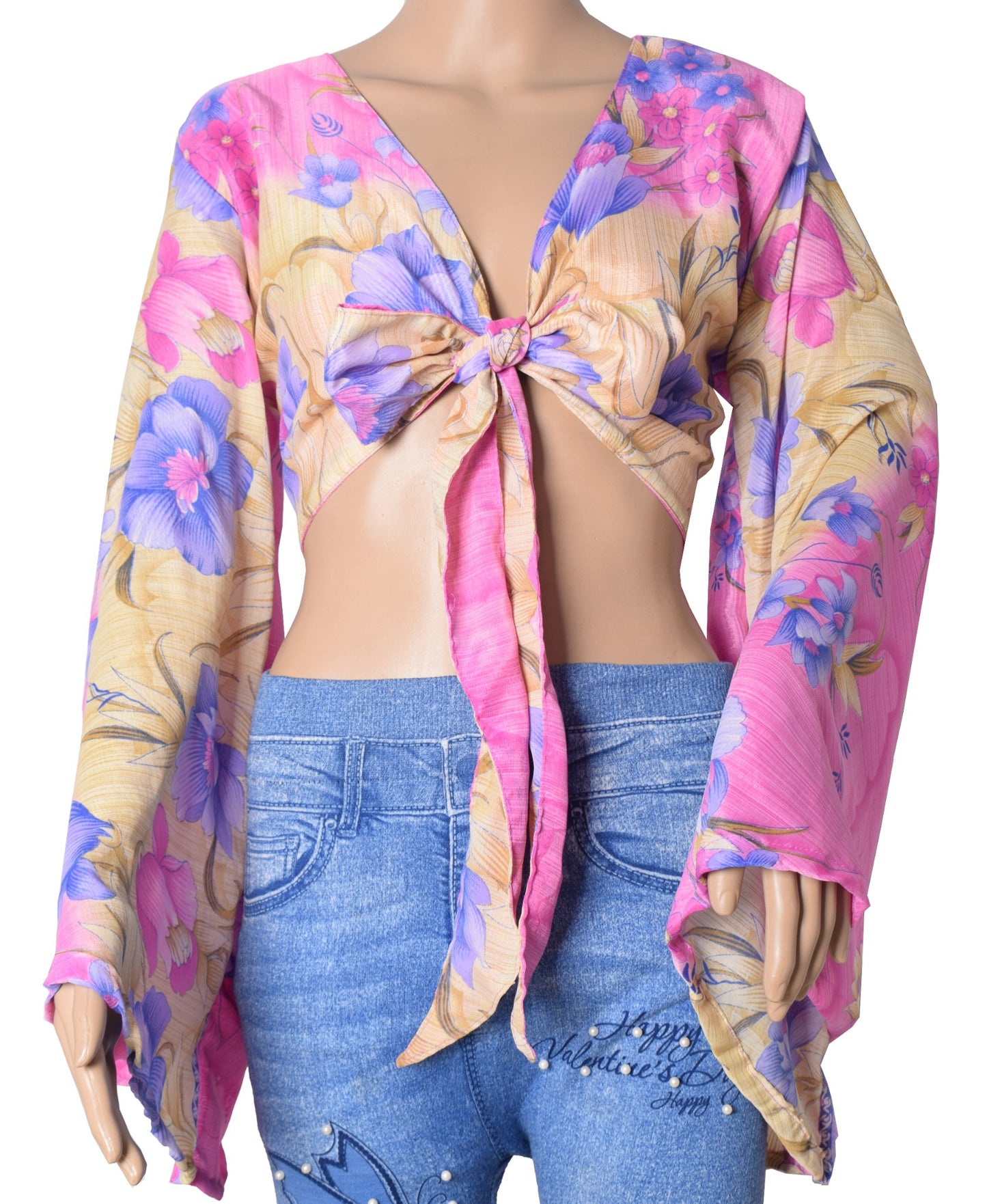 Sushila Vintage Bell Sleeve Boho NEW Recycled Silk Saree Top 70,s Floral Pink