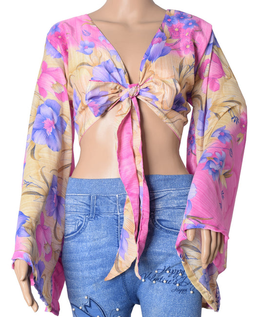 Sushila Vintage Bell Sleeve Boho NEW Recycled Silk Saree Top 70,s Floral Pink
