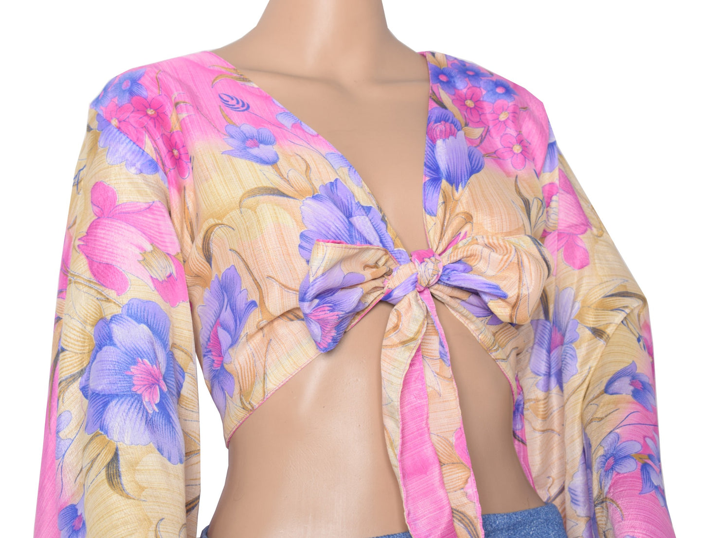 Sushila Vintage Bell Sleeve Boho NEW Recycled Silk Saree Top 70,s Floral Pink