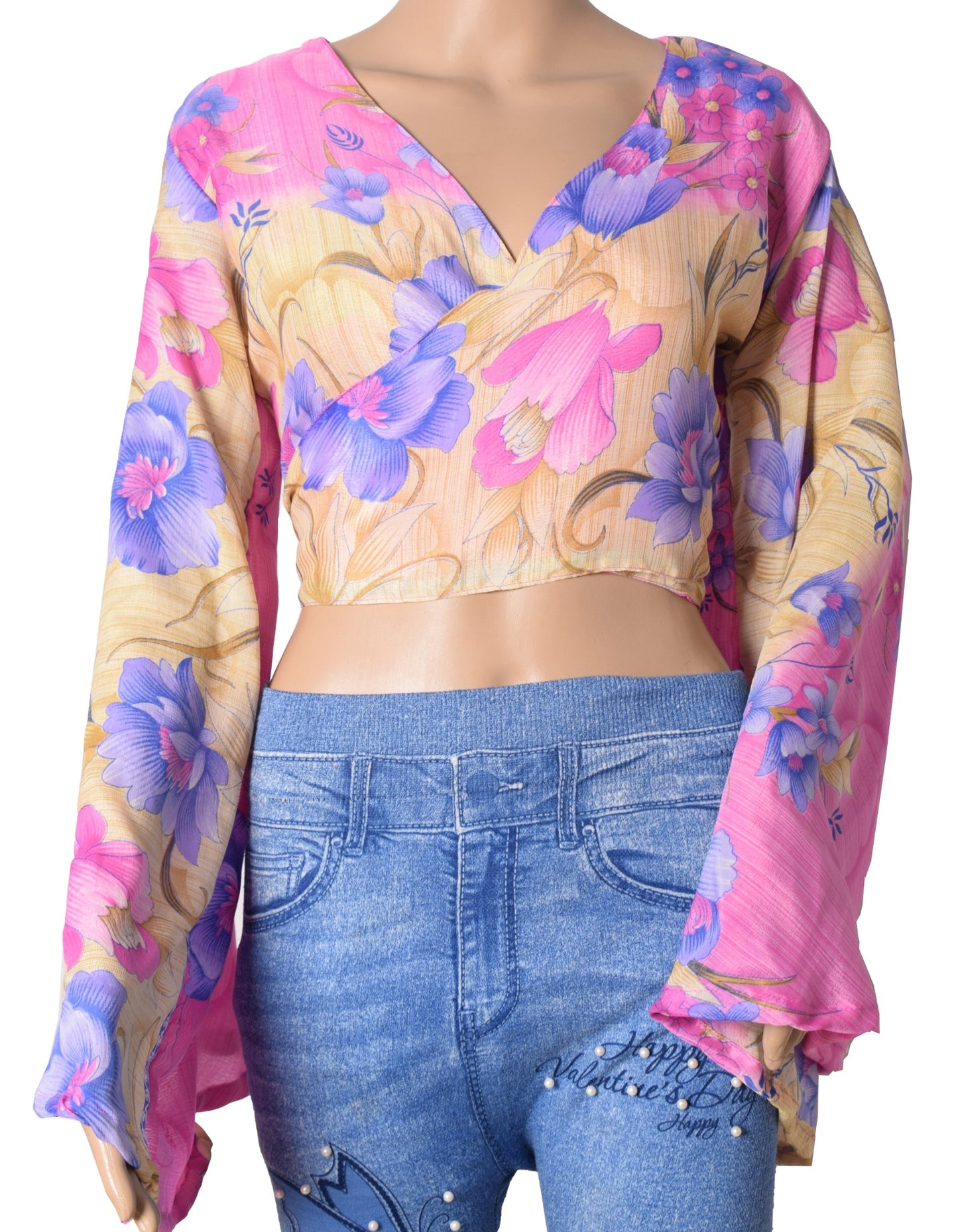 Sushila Vintage Bell Sleeve Boho NEW Recycled Silk Saree Top 70,s Floral Pink