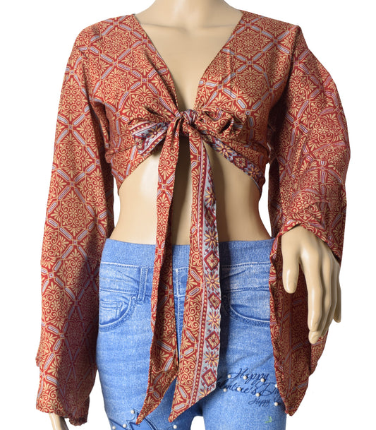 Sushila Vintage Bell Sleeve Bohemian Red NEW Recycled Silk Saree Top 70,s Retro