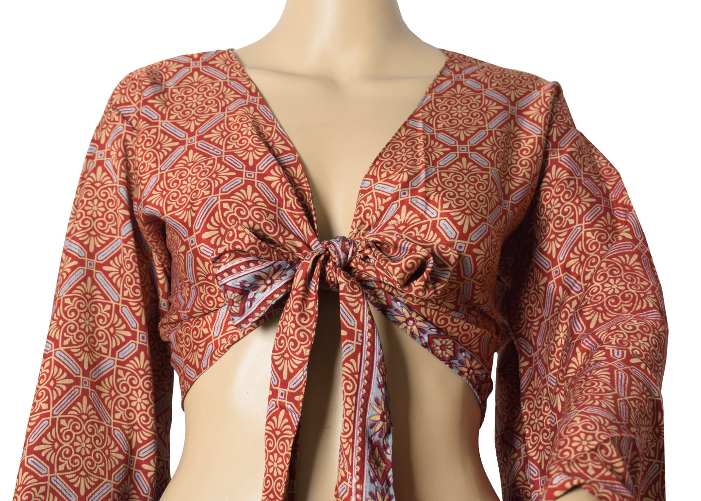 Sushila Vintage Bell Sleeve Bohemian Red NEW Recycled Silk Saree Top 70,s Retro