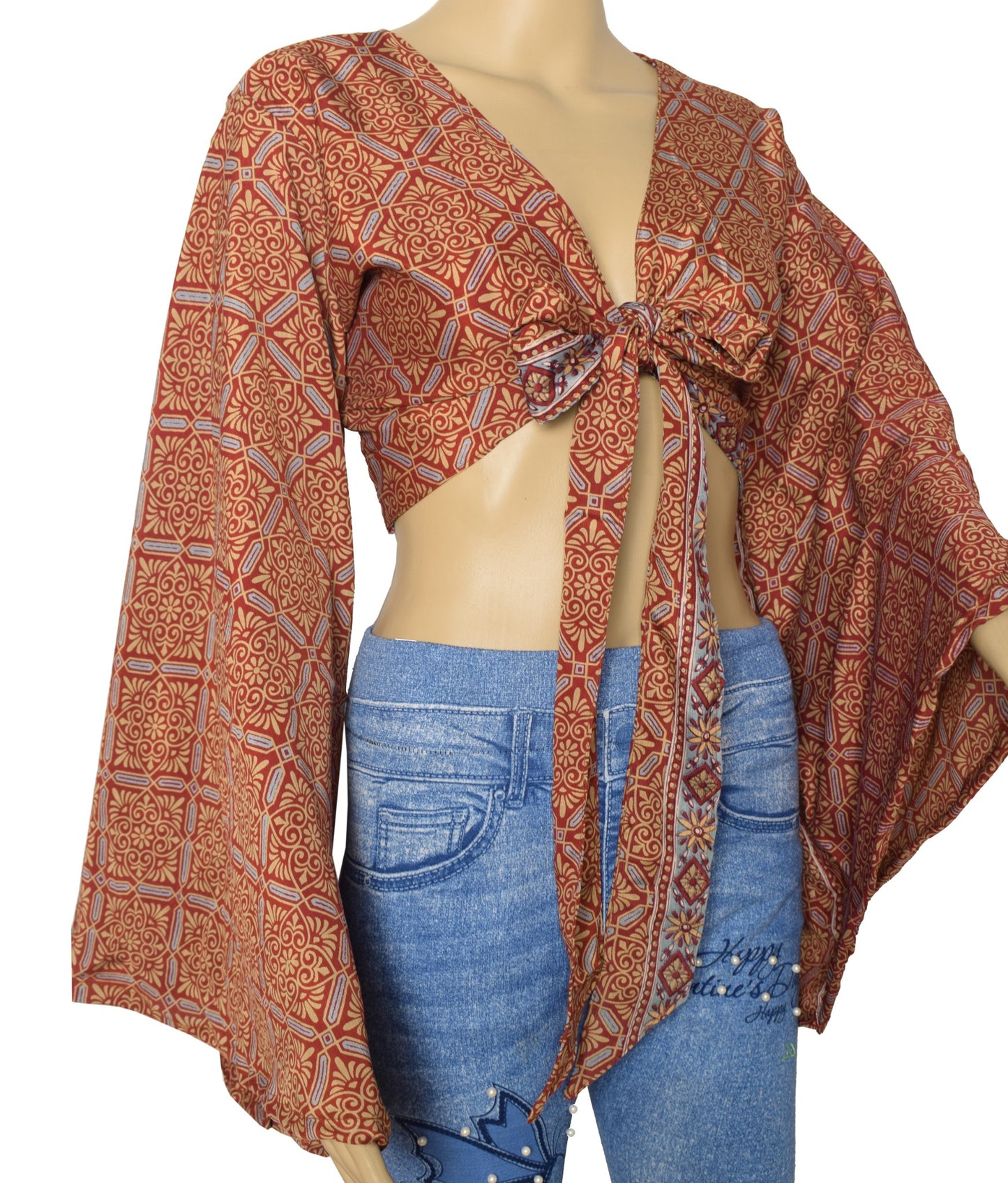 Sushila Vintage Bell Sleeve Bohemian Red NEW Recycled Silk Saree Top 70,s Retro