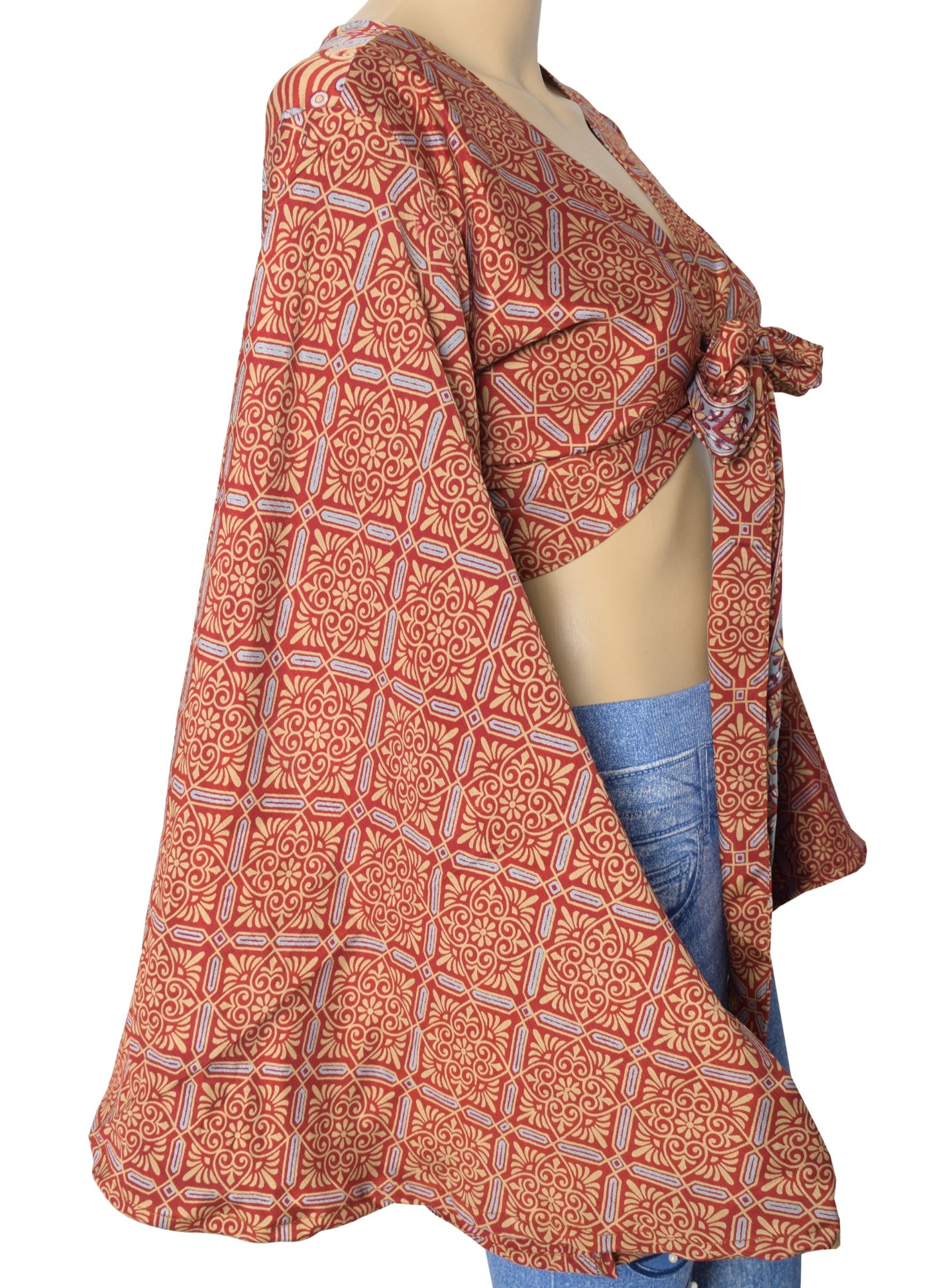 Sushila Vintage Bell Sleeve Bohemian Red NEW Recycled Silk Saree Top 70,s Retro