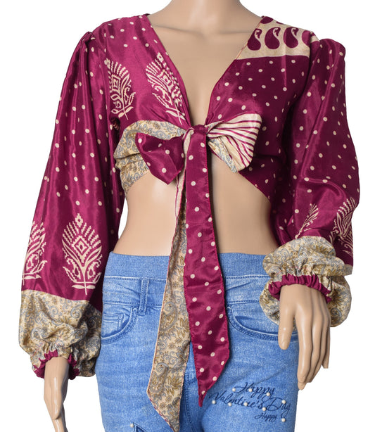 Sushila Vintage Balloon Sleeve Bohemian NEW Magenta Silk Saree Top 70,s Retro
