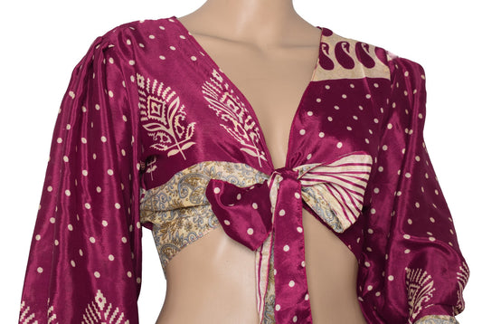 Sushila Vintage Balloon Sleeve Bohemian NEW Magenta Silk Saree Top 70,s Retro