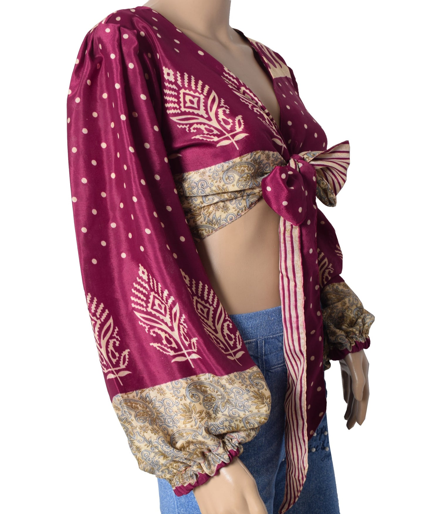 Sushila Vintage Balloon Sleeve Bohemian NEW Magenta Silk Saree Top 70,s Retro