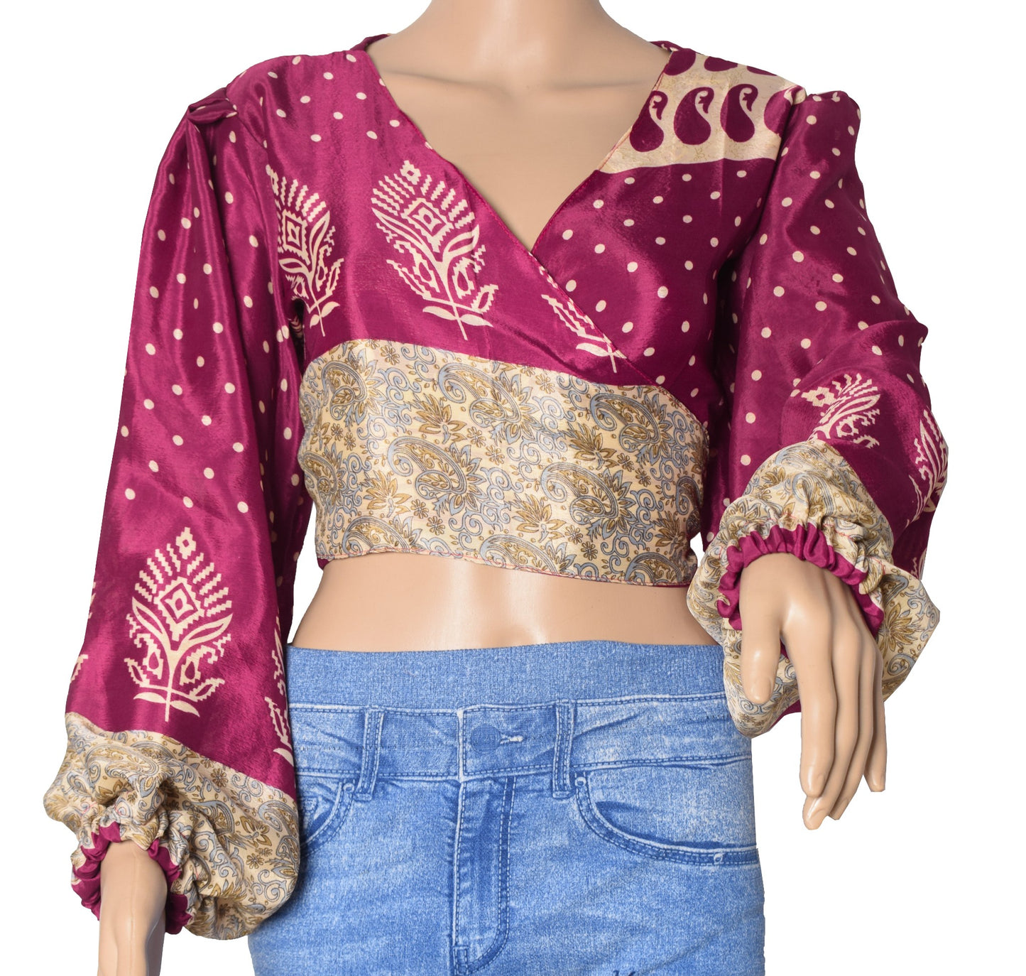 Sushila Vintage Balloon Sleeve Bohemian NEW Magenta Silk Saree Top 70,s Retro