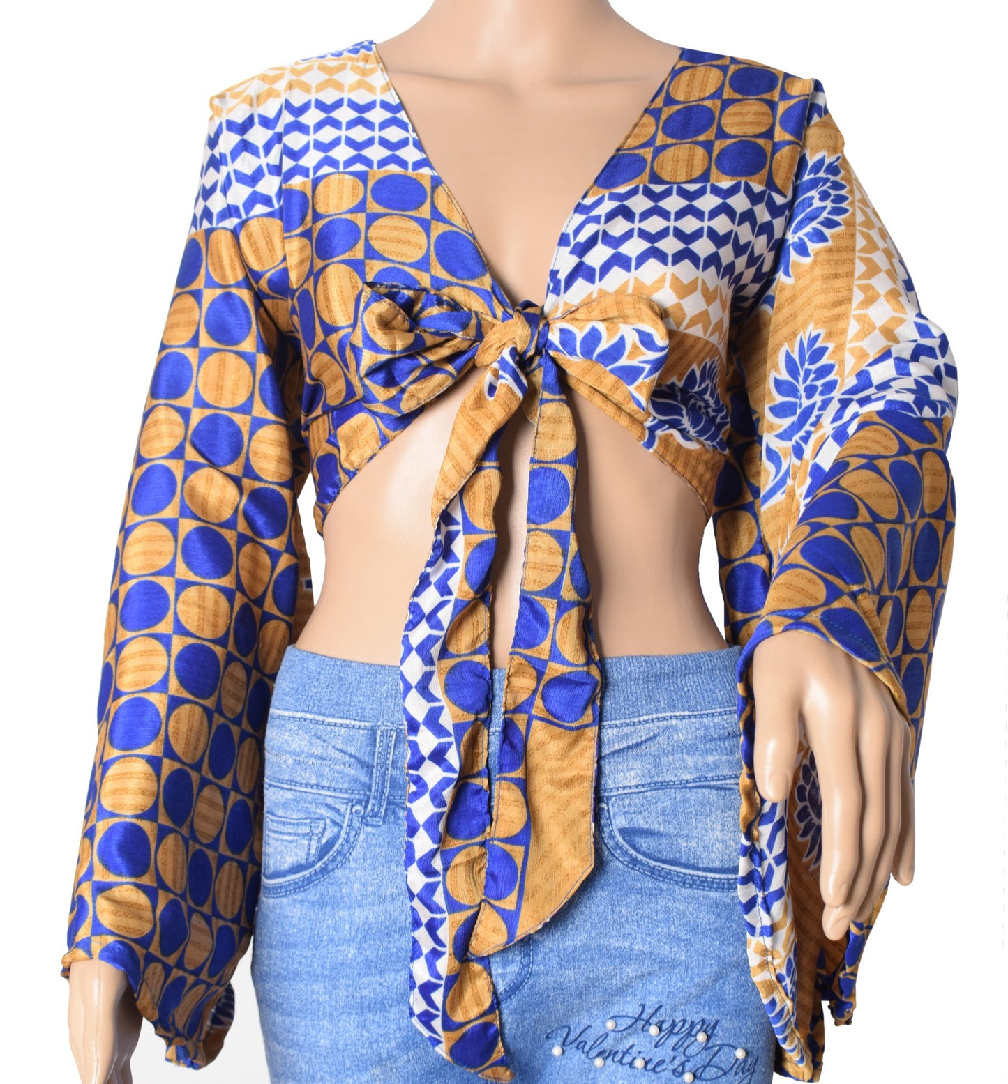 Sushila Vintage Bell Sleeve Boho Polka Dot NEW Recycled Silk Saree Top 70,s Blue
