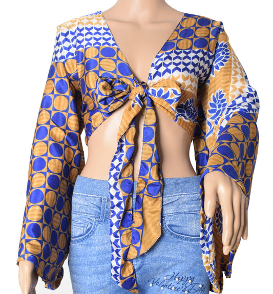 Sushila Vintage Bell Sleeve Boho Polka Dot NEW Recycled Silk Saree Top 70,s Blue