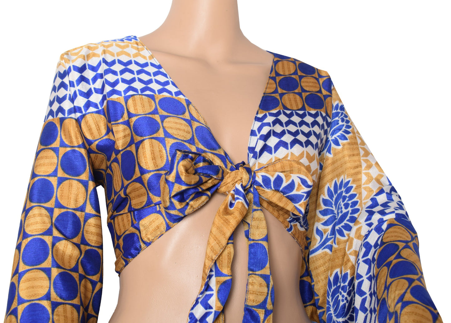 Sushila Vintage Bell Sleeve Boho Polka Dot NEW Recycled Silk Saree Top 70,s Blue