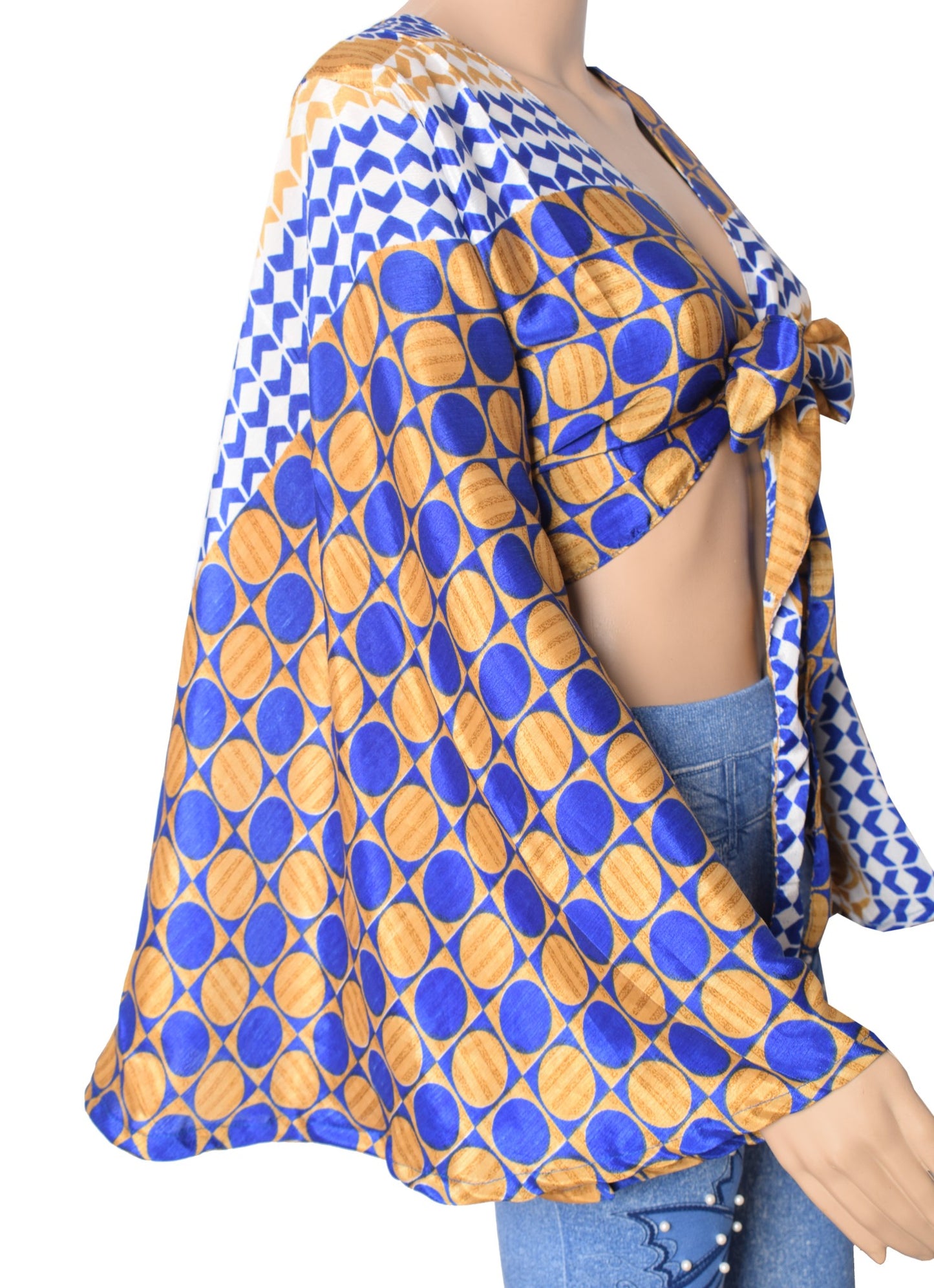 Sushila Vintage Bell Sleeve Boho Polka Dot NEW Recycled Silk Saree Top 70,s Blue
