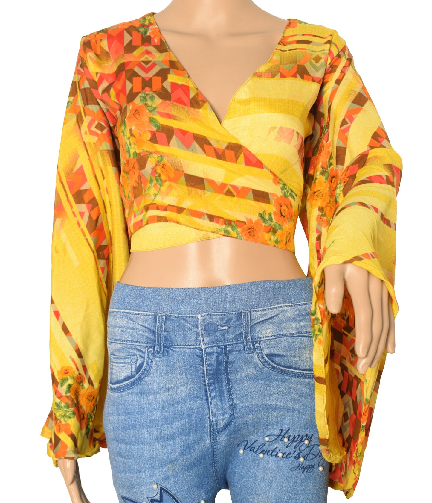 Sushila Vintage Bell Sleeve Bohemian Yellow Recycled Silk Saree Top 70,s Retro