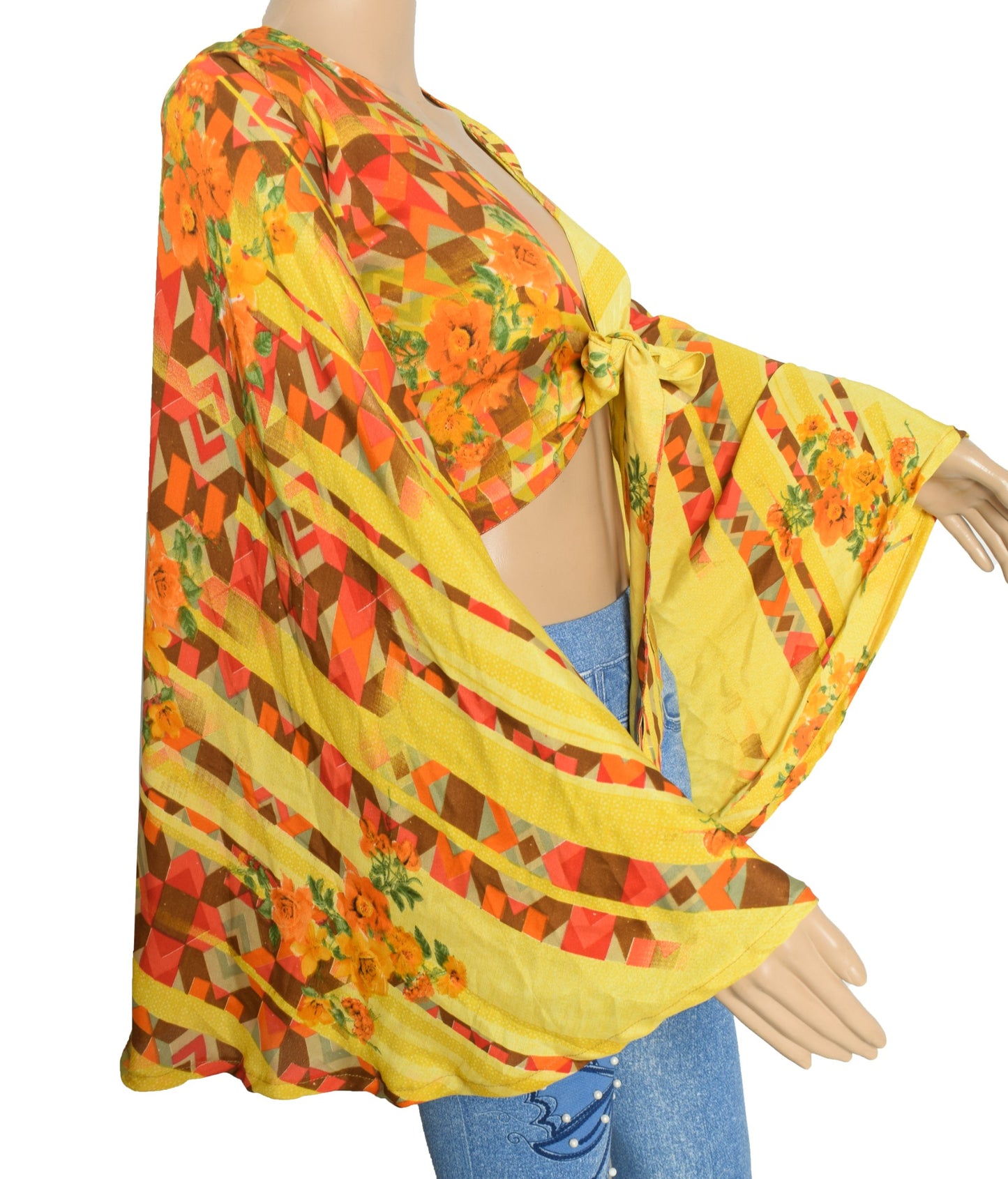 Sushila Vintage Bell Sleeve Bohemian Yellow Recycled Silk Saree Top 70,s Retro