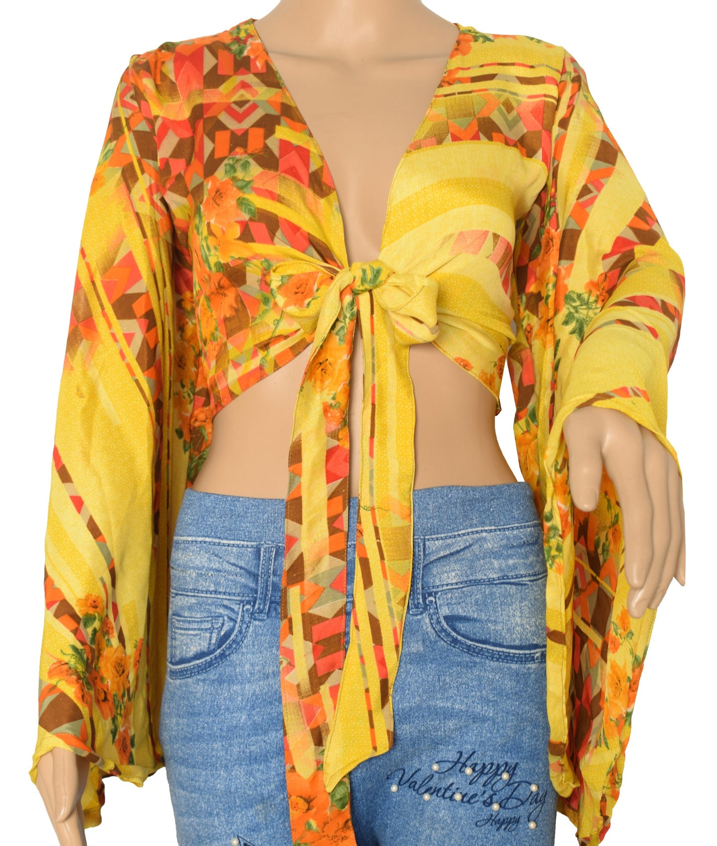 Sushila Vintage Bell Sleeve Bohemian Yellow Recycled Silk Saree Top 70,s Retro