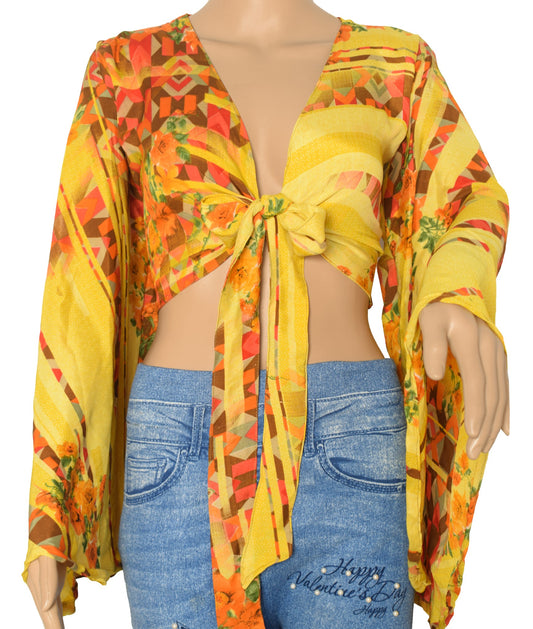 Sushila Vintage Bell Sleeve Bohemian Yellow Recycled Silk Saree Top 70,s Retro
