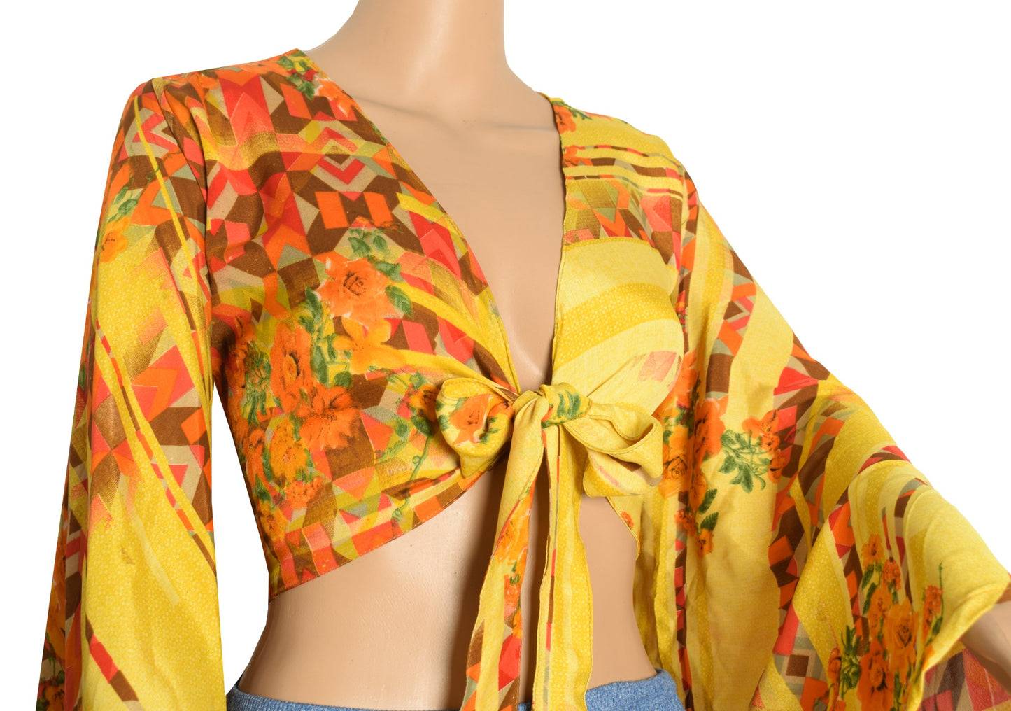 Sushila Vintage Bell Sleeve Bohemian Yellow Recycled Silk Saree Top 70,s Retro