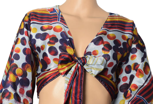 Sushila Vintage Bell Sleeve Bohemian NEW Recycled Polka Dot Silk Saree Top 70,s
