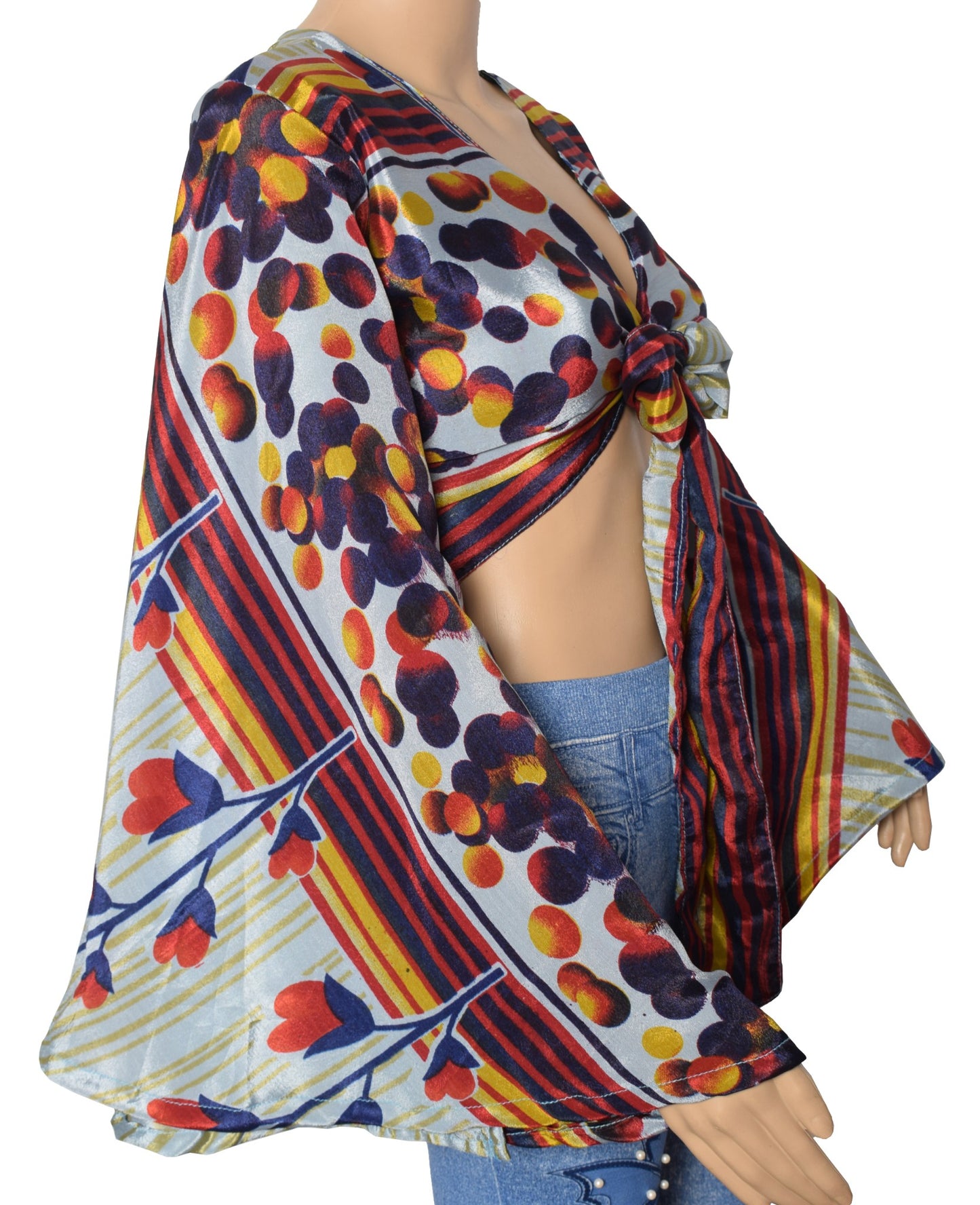 Sushila Vintage Bell Sleeve Bohemian NEW Recycled Polka Dot Silk Saree Top 70,s