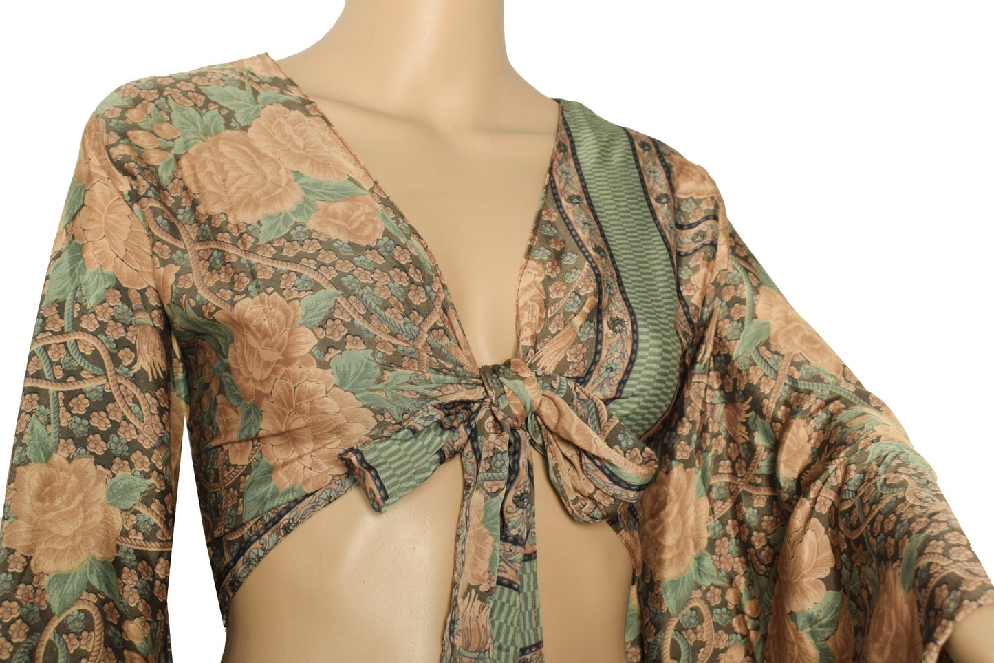 Sushila Vintage Bell Sleeve Bohemian NEW Recycled Silk Saree Top 70,s Retro Gray