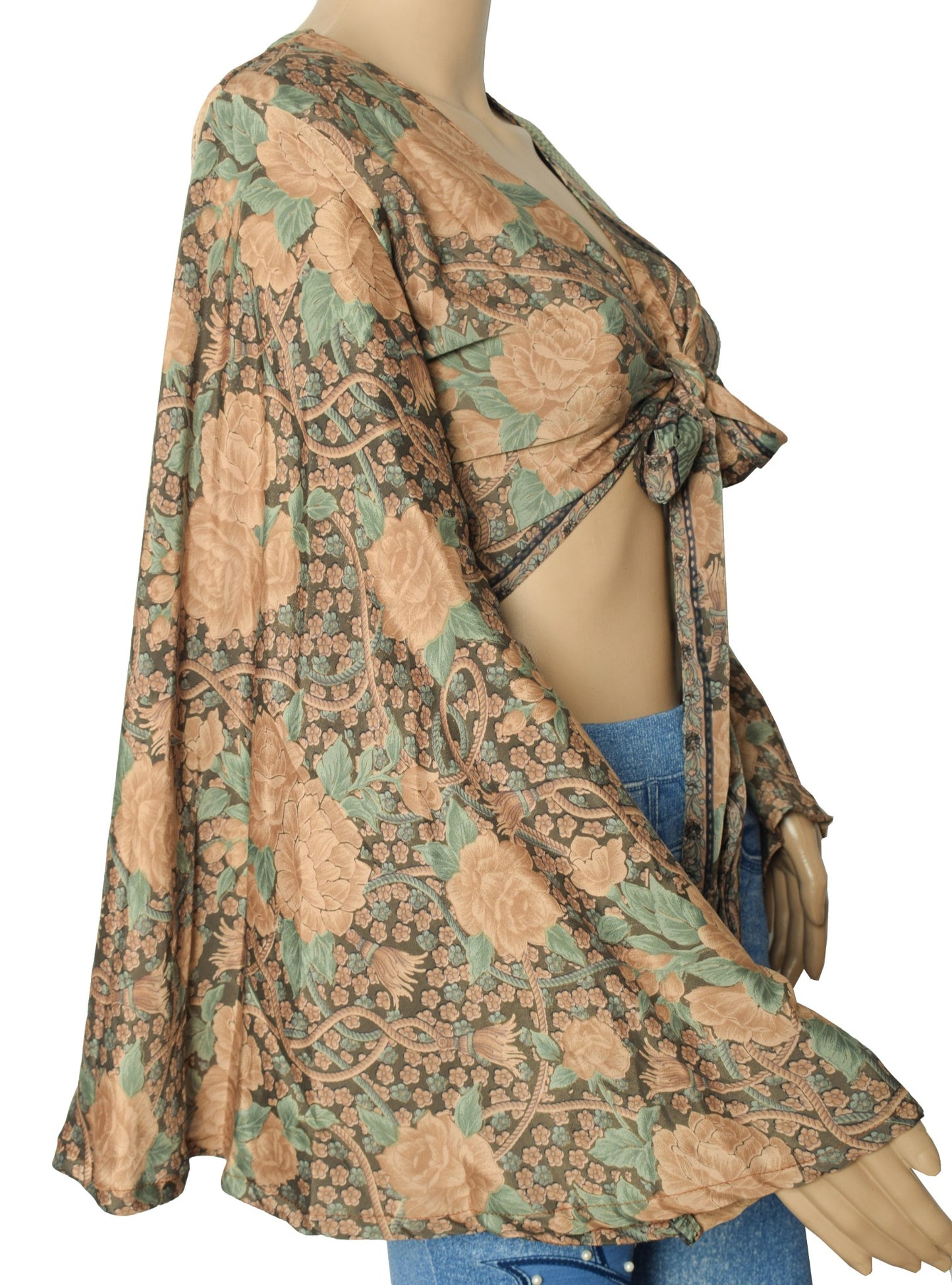 Sushila Vintage Bell Sleeve Bohemian NEW Recycled Silk Saree Top 70,s Retro Gray