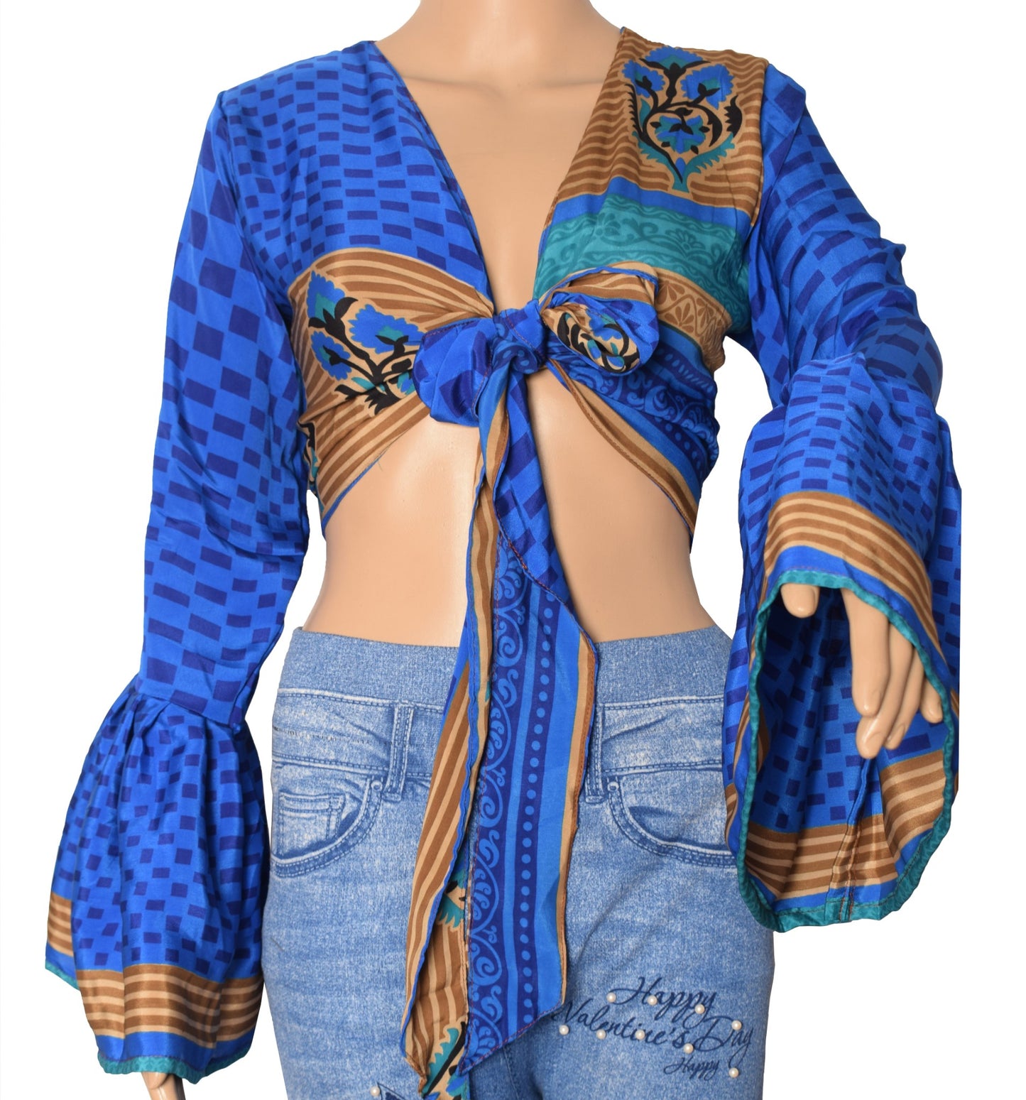 Sushila Vintage Blue Bell Sleeve Boho NEW Recycled Silk Saree Top 70,s RetroWrap