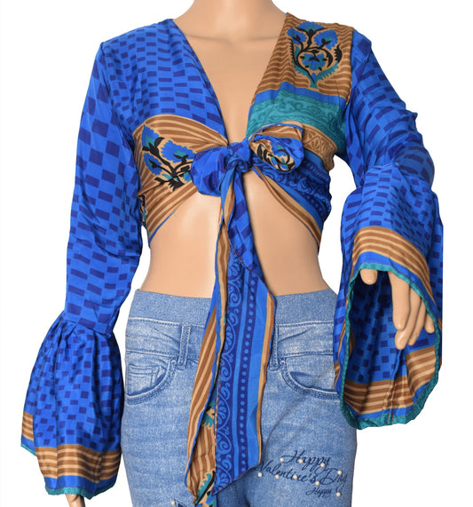 Sushila Vintage Blue Bell Sleeve Boho NEW Recycled Silk Saree Top 70,s RetroWrap