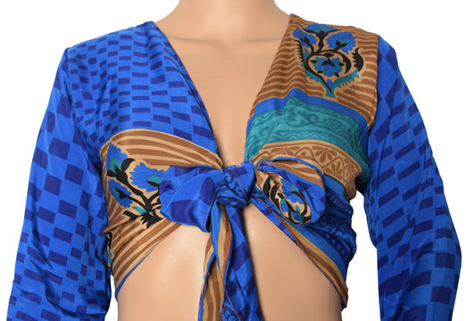 Sushila Vintage Blue Bell Sleeve Boho NEW Recycled Silk Saree Top 70,s RetroWrap