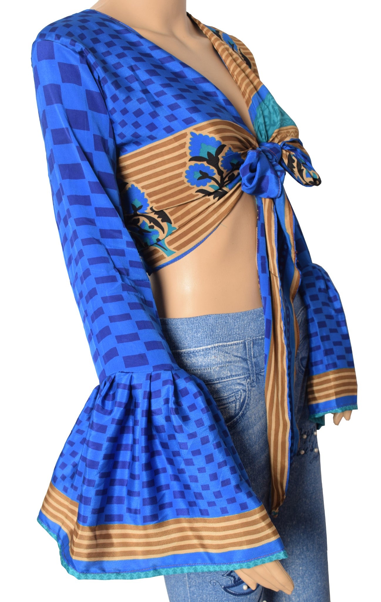 Sushila Vintage Blue Bell Sleeve Boho NEW Recycled Silk Saree Top 70,s RetroWrap