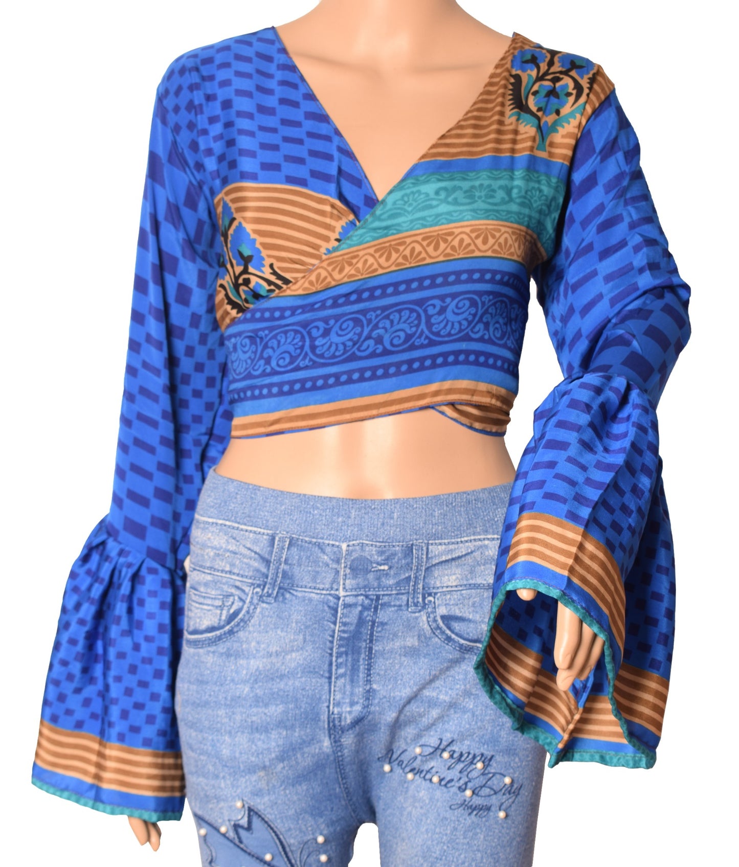 Sushila Vintage Blue Bell Sleeve Boho NEW Recycled Silk Saree Top 70,s RetroWrap
