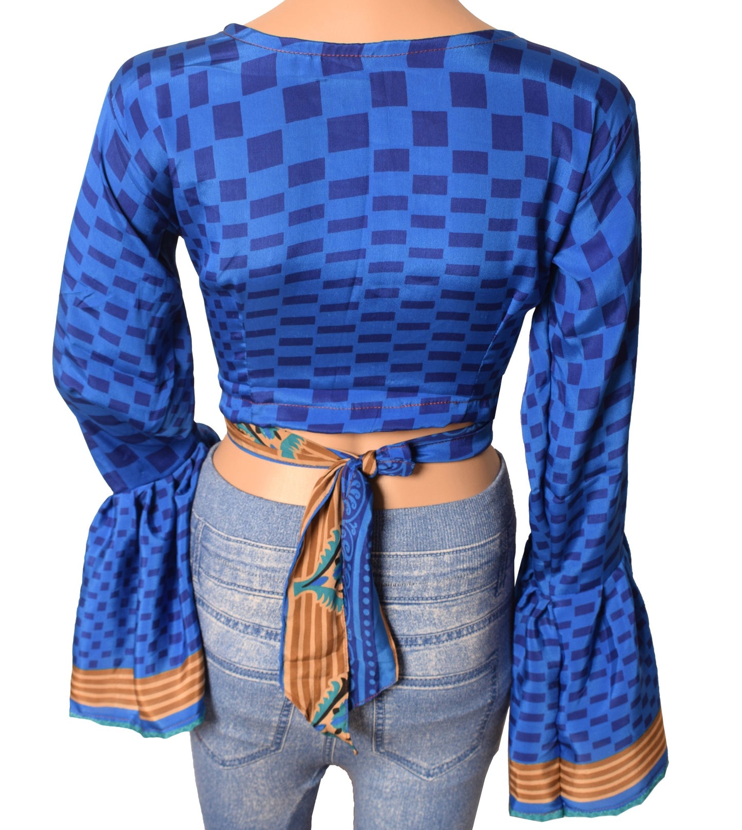 Sushila Vintage Blue Bell Sleeve Boho NEW Recycled Silk Saree Top 70,s RetroWrap