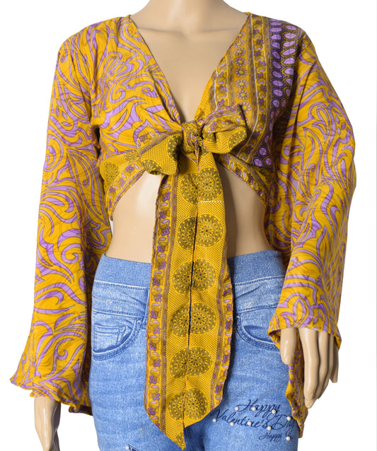 Sushila Vintage Bell Sleeve Bohemian NEW Recycled Silk Saree Top 70,s Mustard