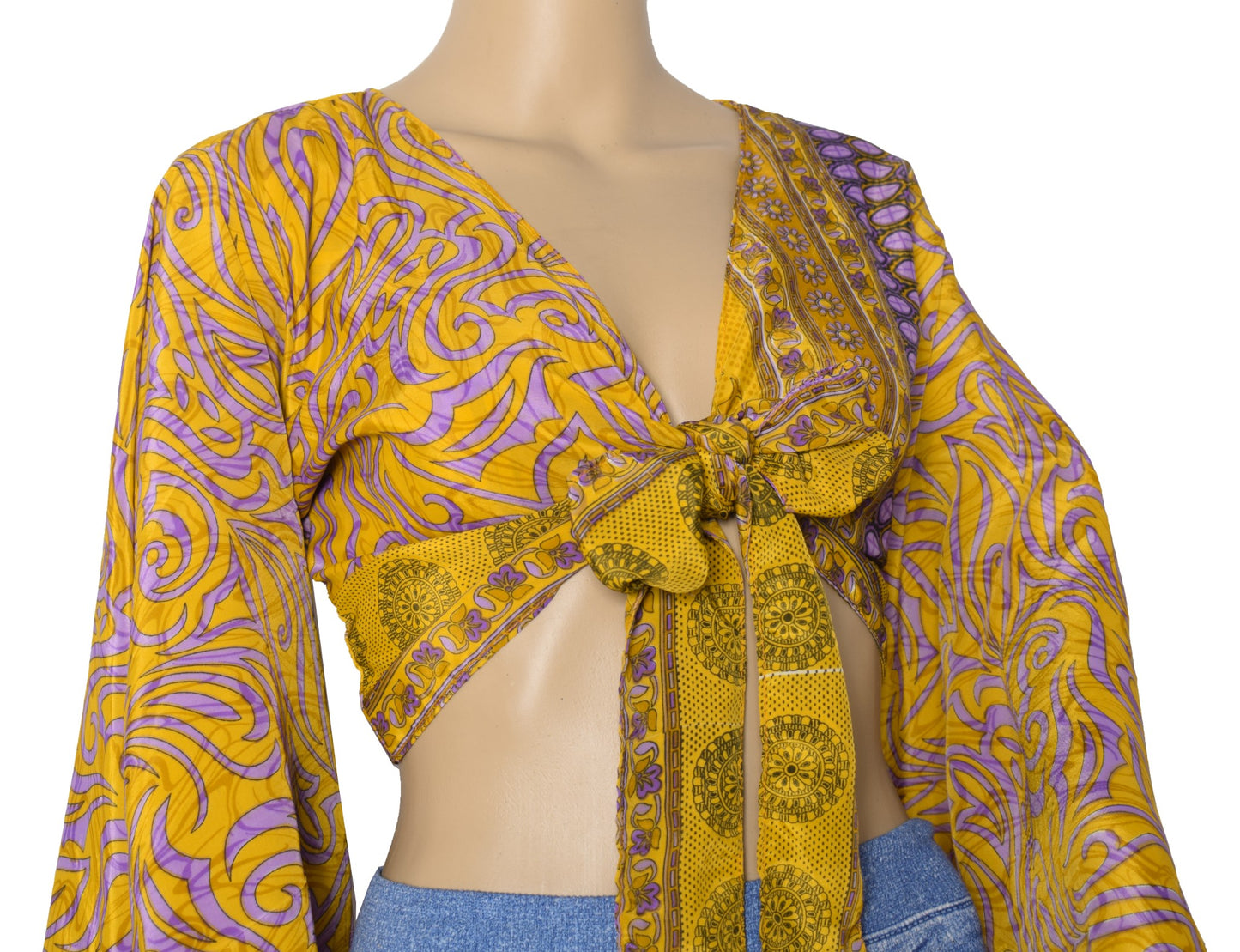 Sushila Vintage Bell Sleeve Bohemian NEW Recycled Silk Saree Top 70,s Mustard