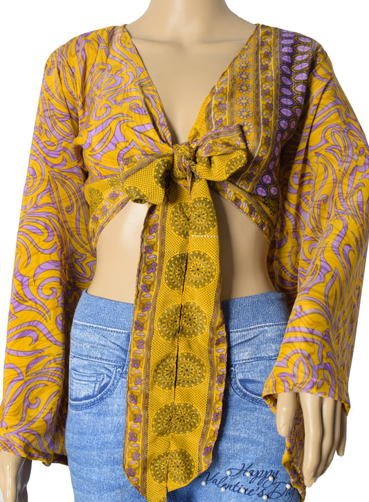 Sushila Vintage Bell Sleeve Bohemian NEW Recycled Silk Saree Top 70,s Mustard