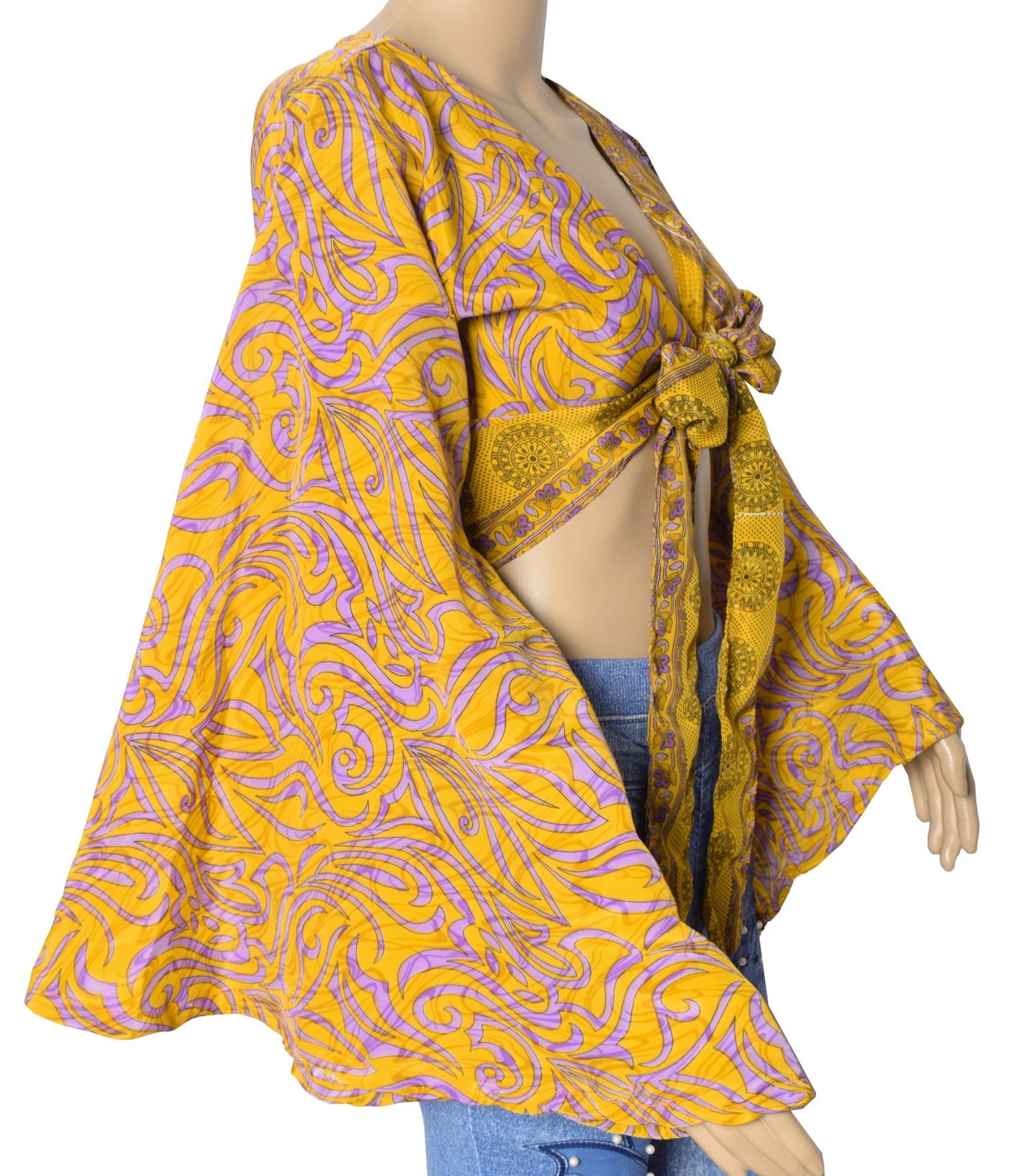 Sushila Vintage Bell Sleeve Bohemian NEW Recycled Silk Saree Top 70,s Mustard