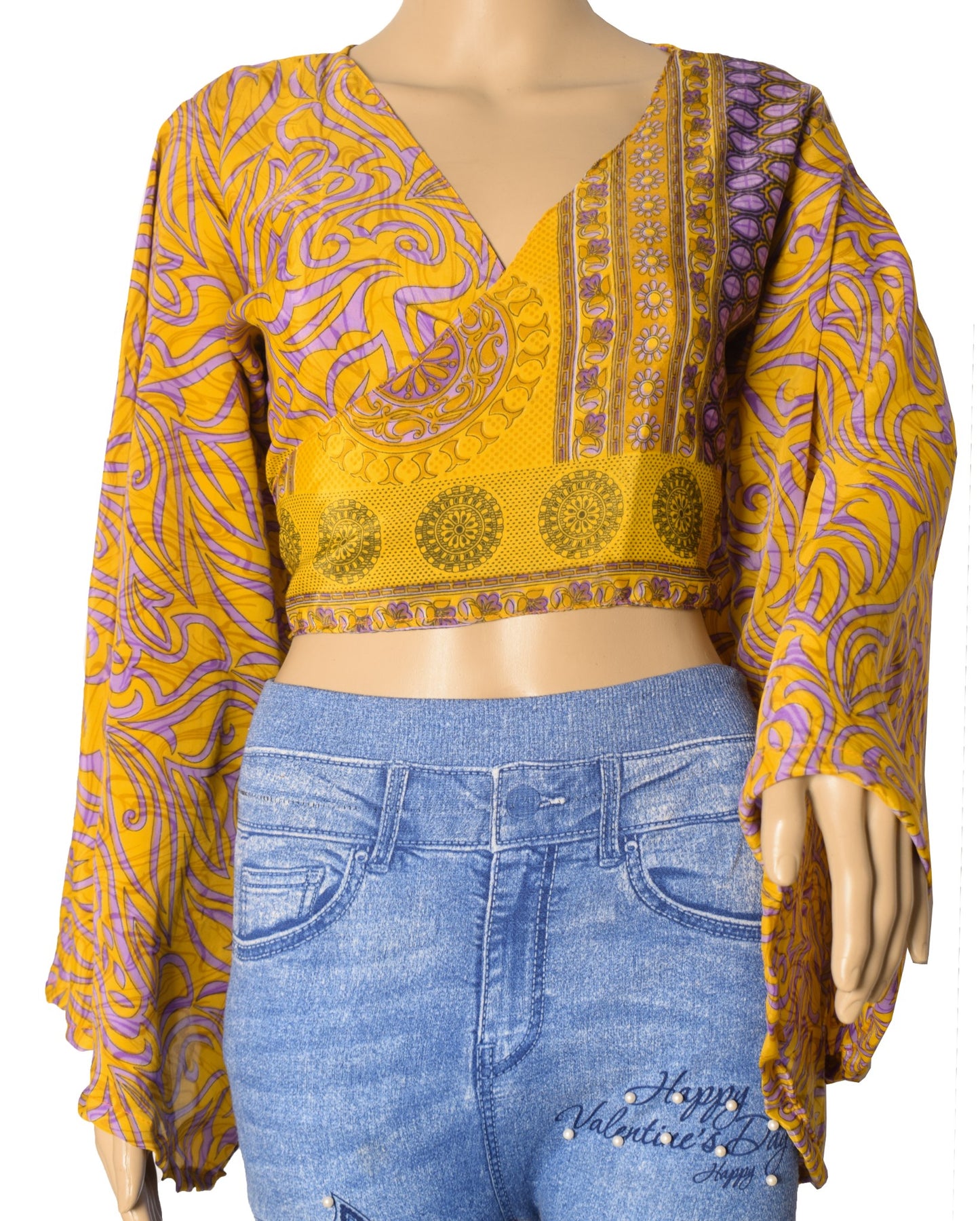 Sushila Vintage Bell Sleeve Bohemian NEW Recycled Silk Saree Top 70,s Mustard