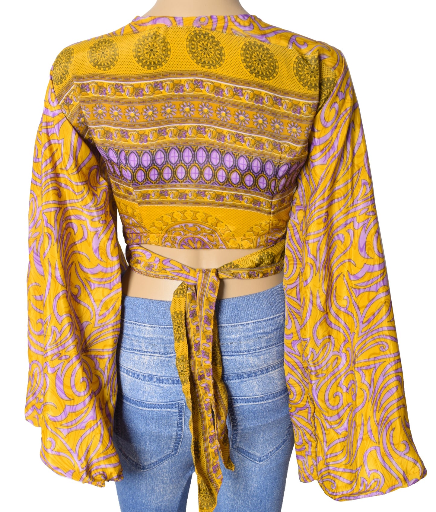 Sushila Vintage Bell Sleeve Bohemian NEW Recycled Silk Saree Top 70,s Mustard