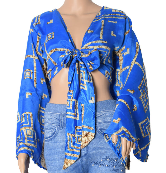 Sushila Vintage Blue Bell Sleeve Bohemian NEW Recycled Silk Saree Top 70,sRetro