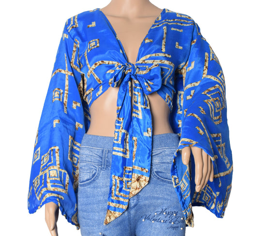 Sushila Vintage Blue Bell Sleeve Bohemian NEW Recycled Silk Saree Top 70,sRetro