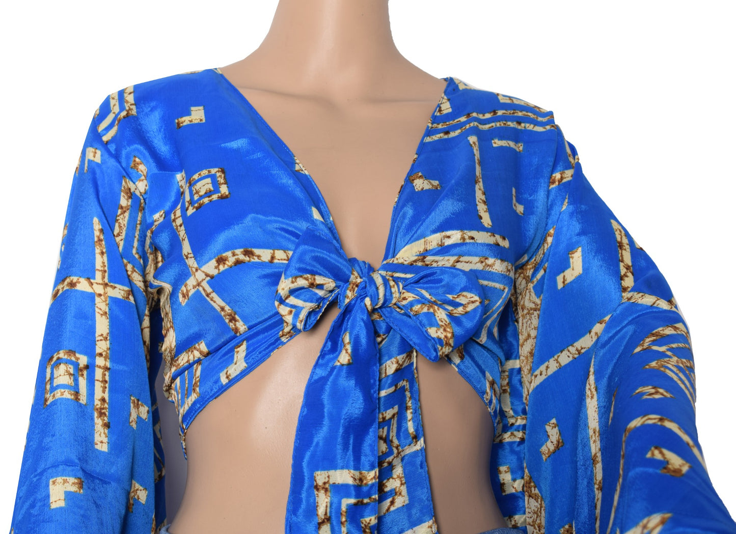 Sushila Vintage Blue Bell Sleeve Bohemian NEW Recycled Silk Saree Top 70,sRetro