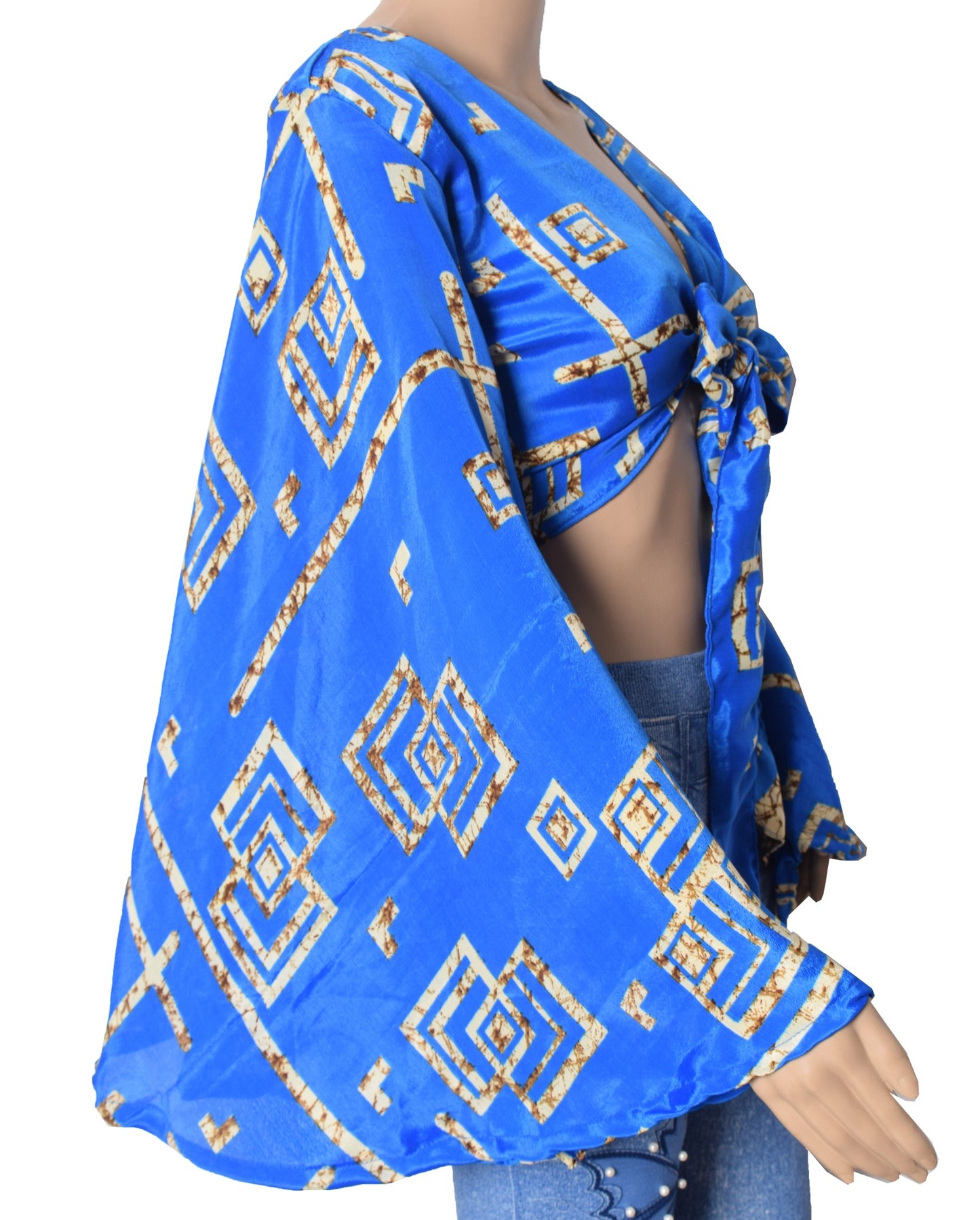 Sushila Vintage Blue Bell Sleeve Bohemian NEW Recycled Silk Saree Top 70,sRetro