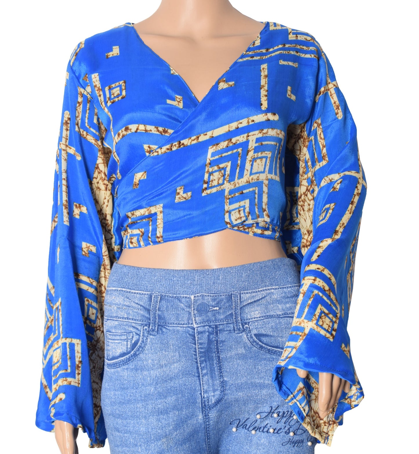 Sushila Vintage Blue Bell Sleeve Bohemian NEW Recycled Silk Saree Top 70,sRetro