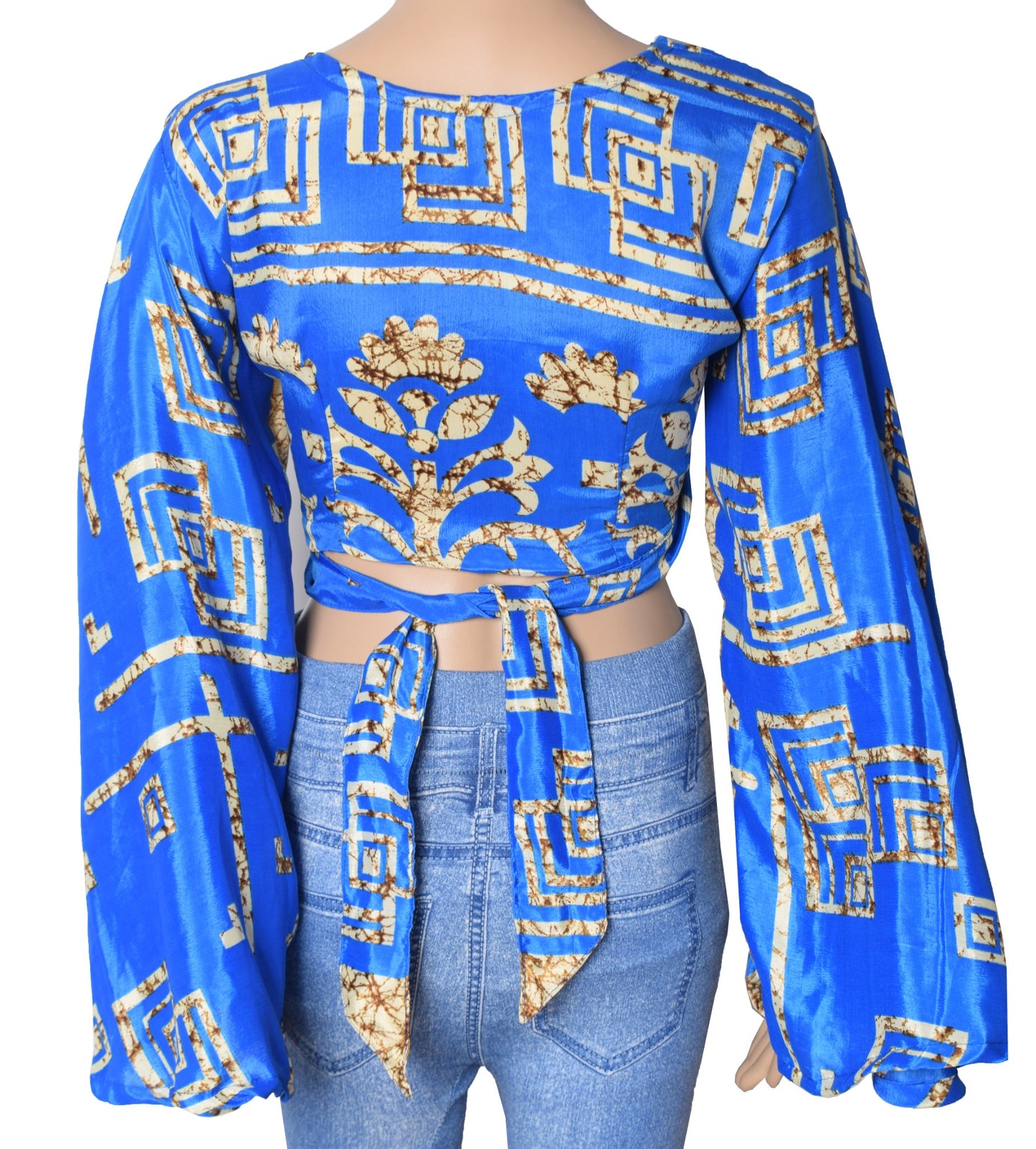 Sushila Vintage Blue Bell Sleeve Bohemian NEW Recycled Silk Saree Top 70,sRetro